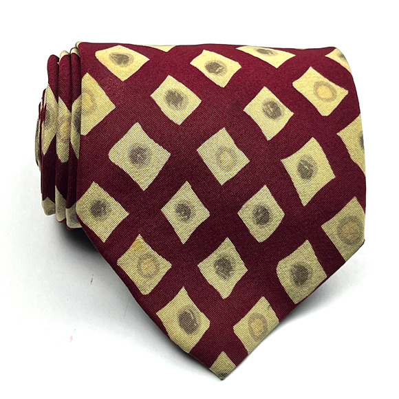 Boss Hugo Boss Mens Silk Necktie Geometric Burgundy Beige Made in Italy Tie - Picture 1 of 9